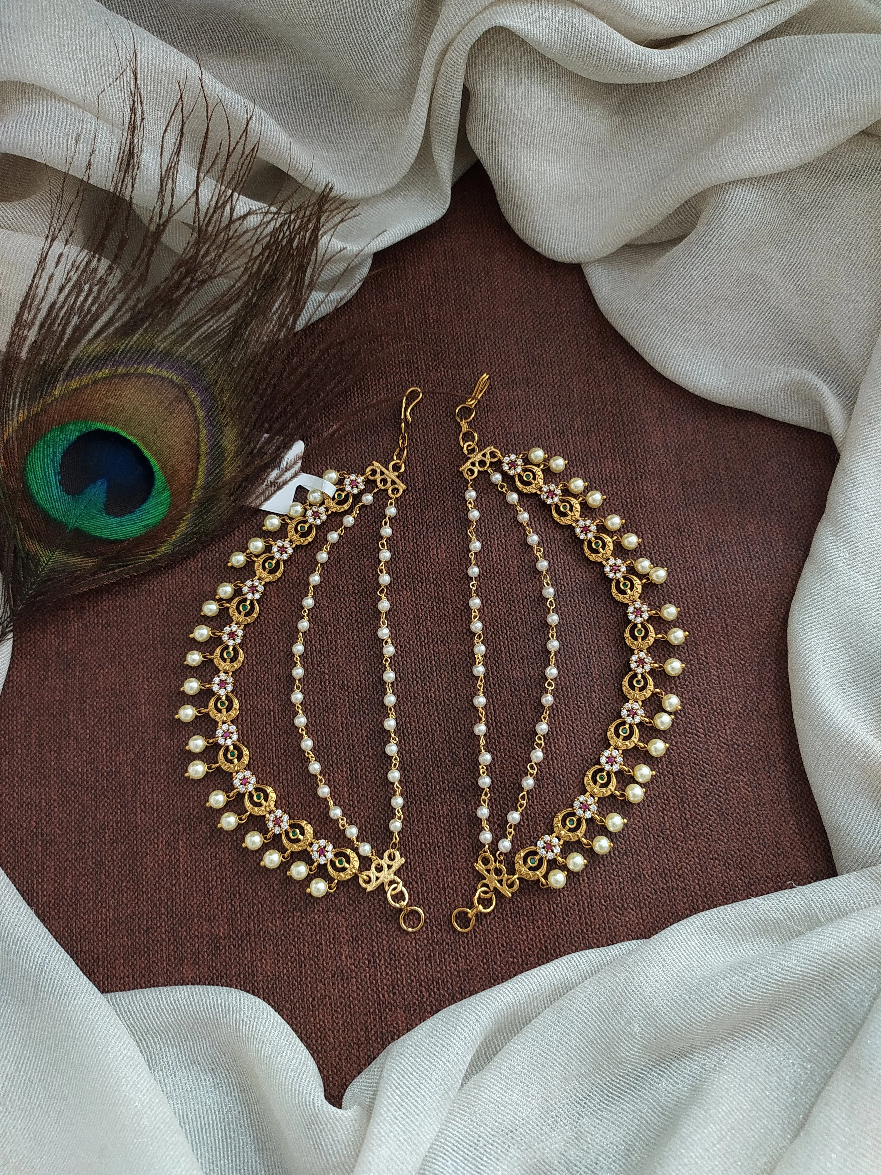 Antique Matil with White, Green, and Red Stones - Featuring Delicate Pearl Strands