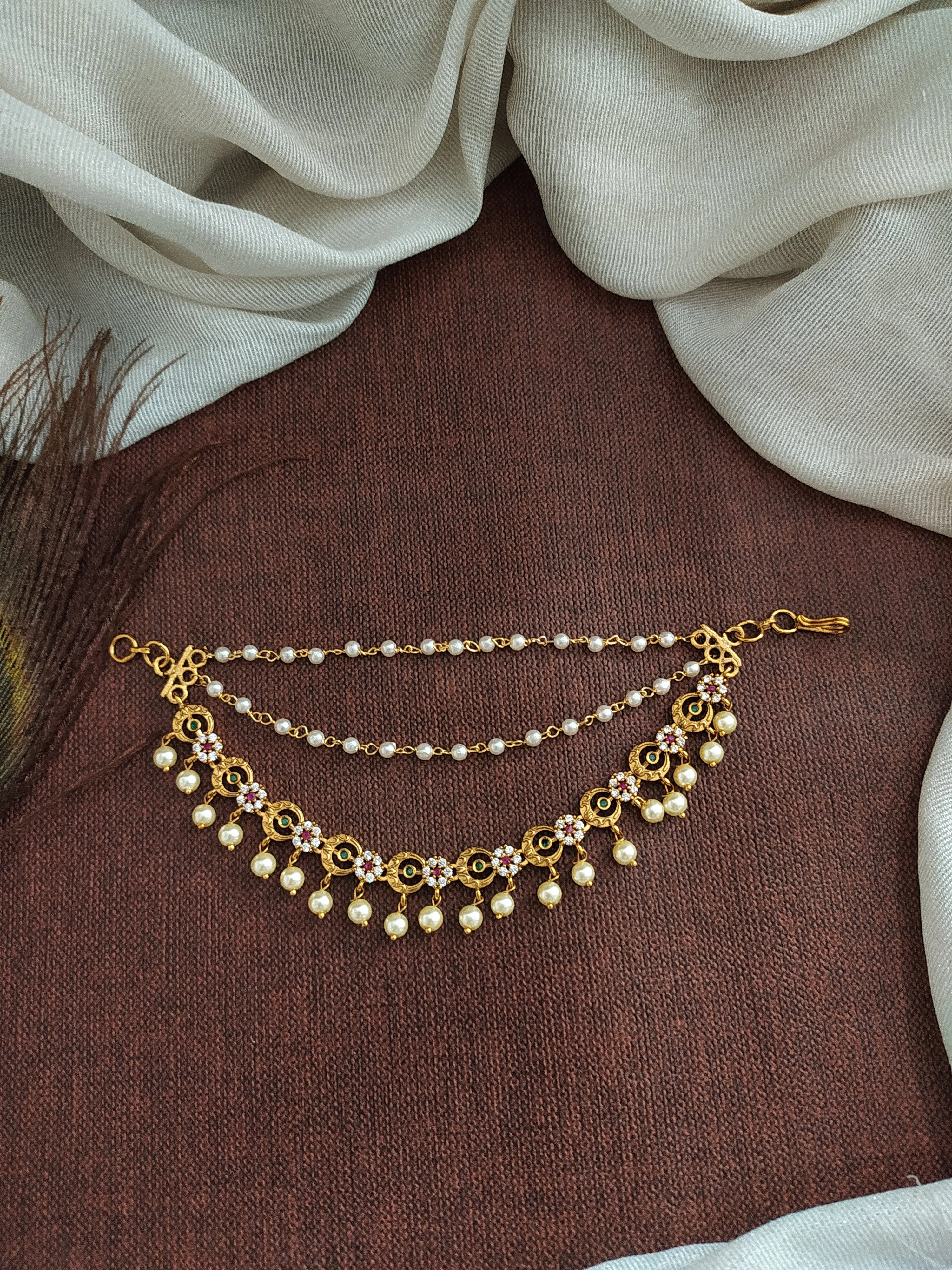 Antique Matil with White, Green, and Red Stones - Featuring Delicate Pearl Strands