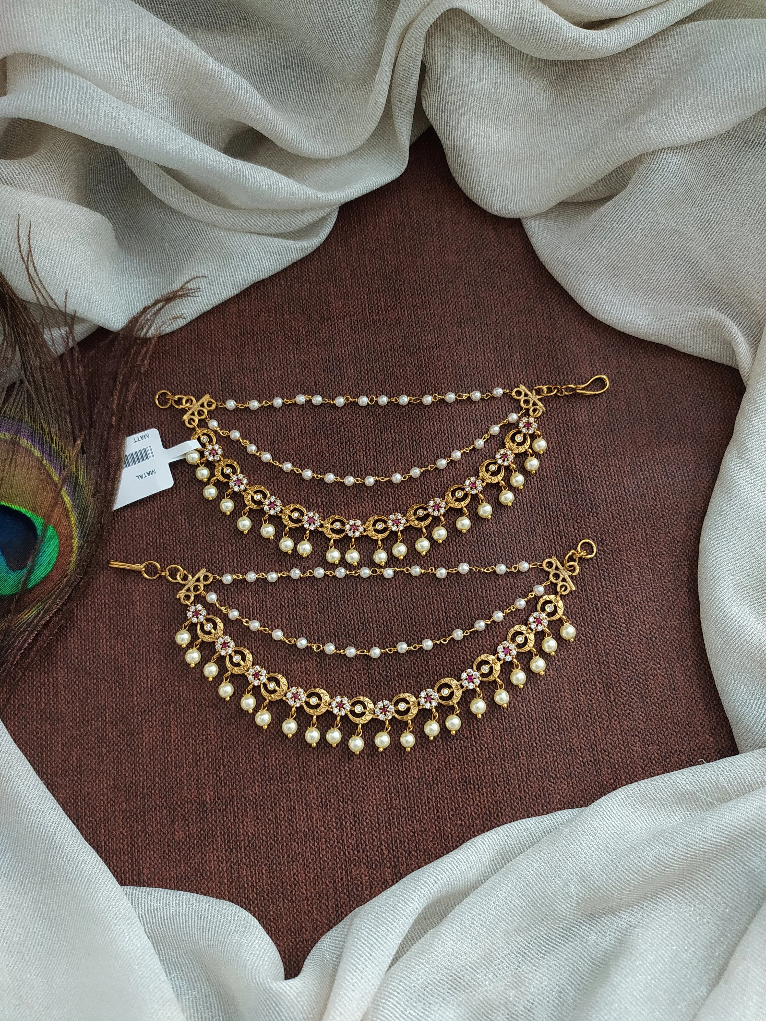 Antique Matil with White, Green, and Red Stones - Featuring Delicate Pearl Strands