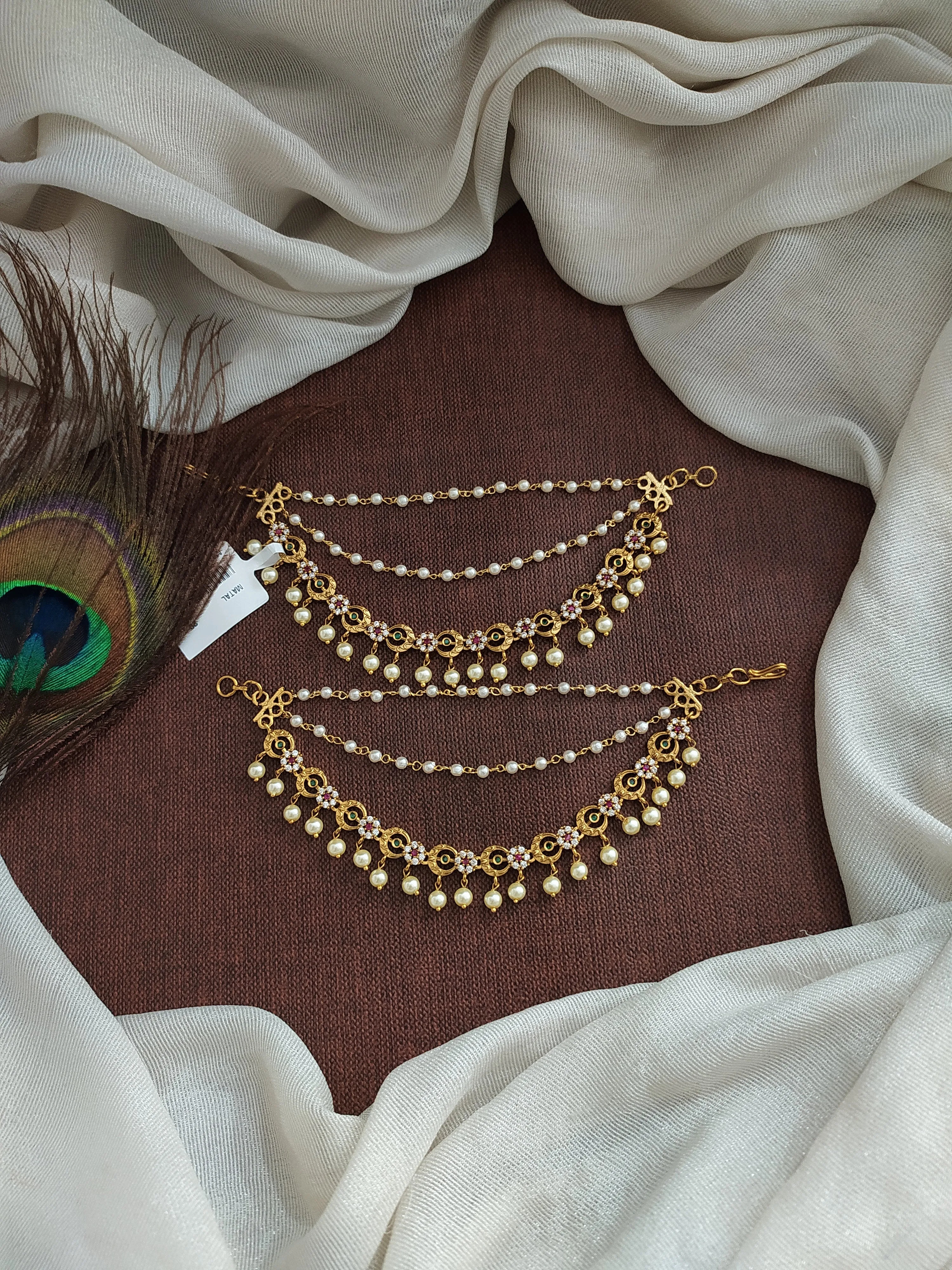 Antique Matil with White, Green, and Red Stones - Featuring Delicate Pearl Strands