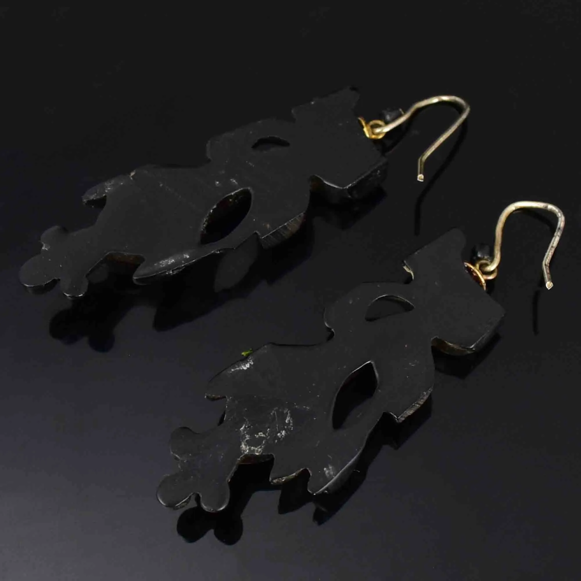 Antique Victorian Whitby Jet Snowdrop Dangle Earrings
