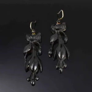 Antique Victorian Whitby Jet Snowdrop Dangle Earrings