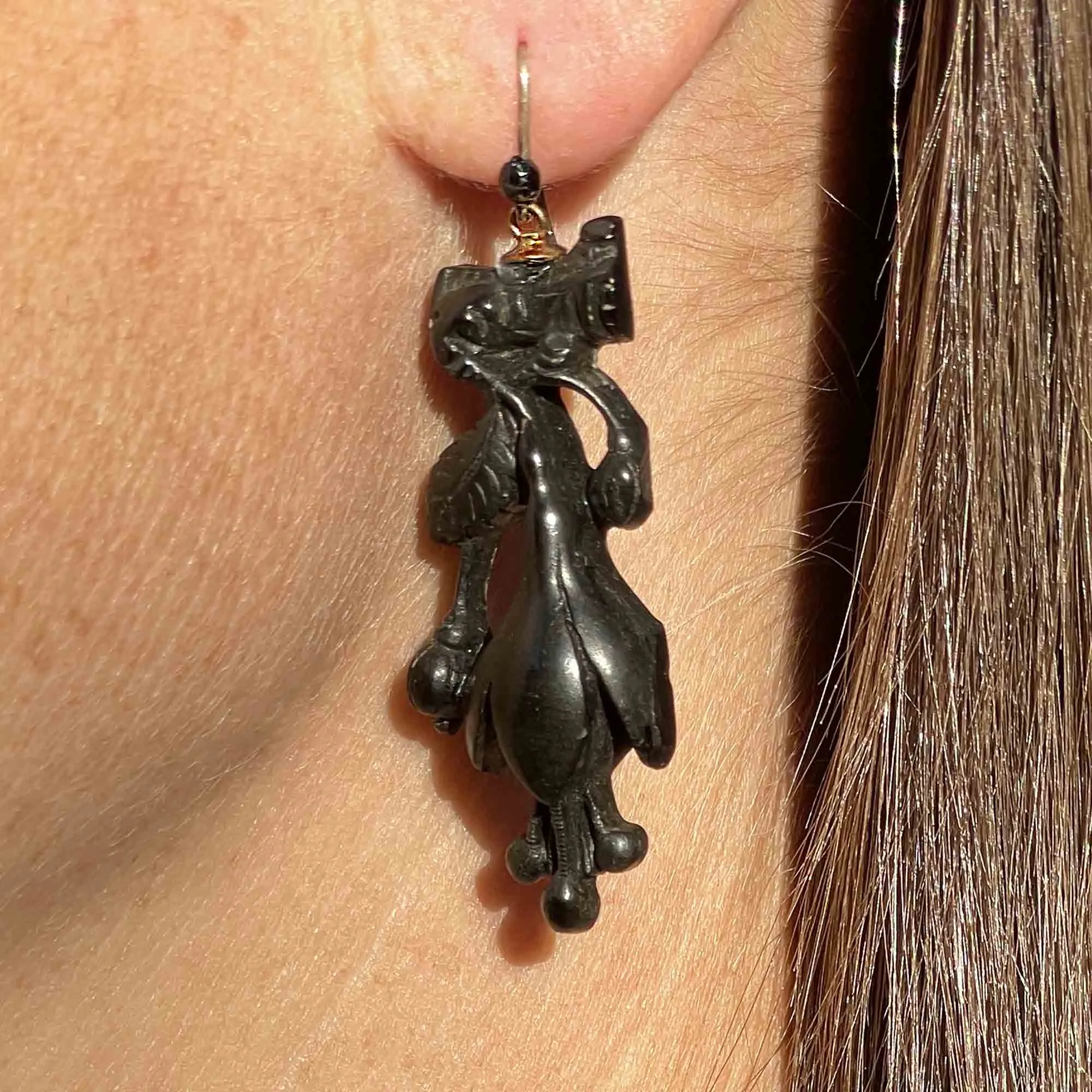 Antique Victorian Whitby Jet Snowdrop Dangle Earrings