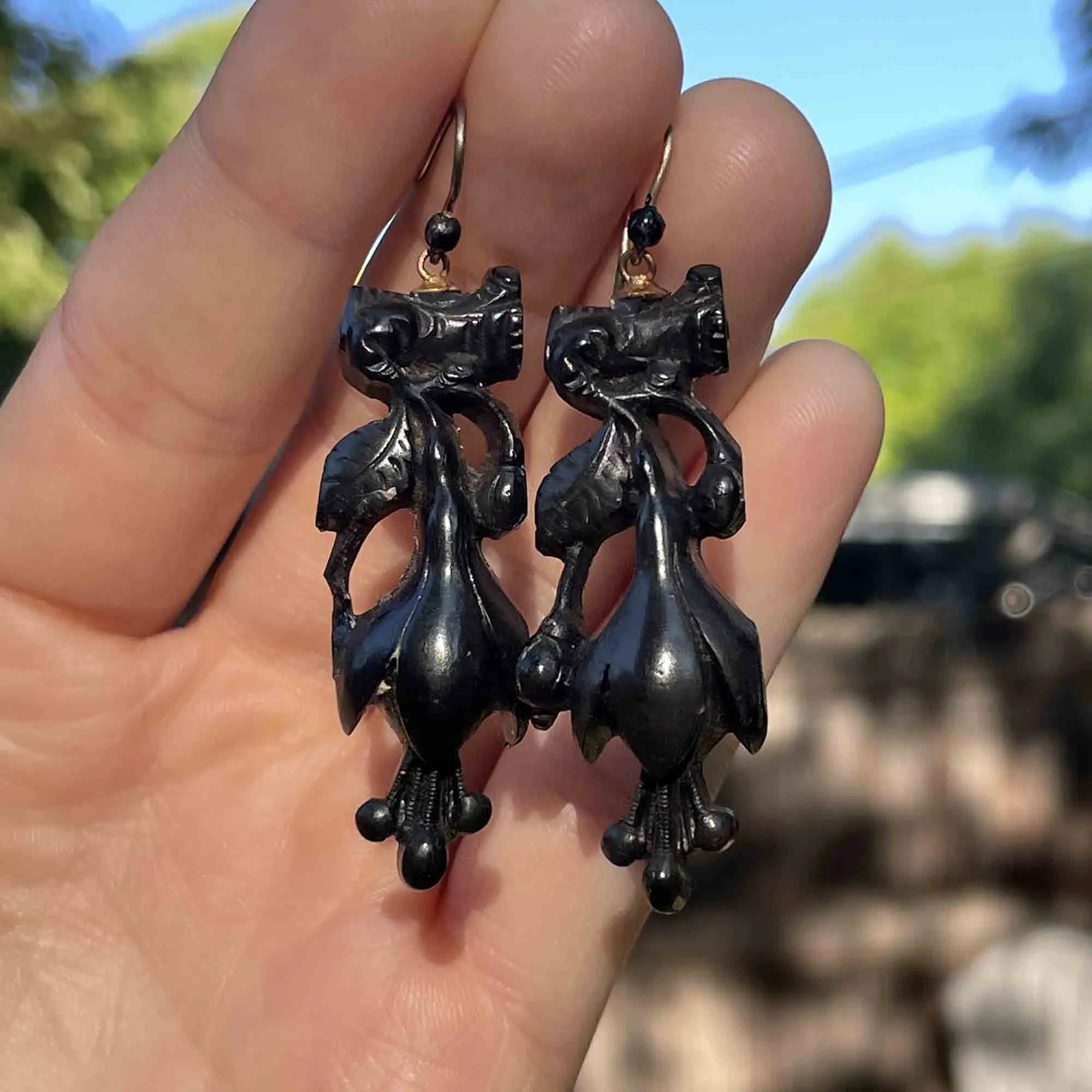 Antique Victorian Whitby Jet Snowdrop Dangle Earrings