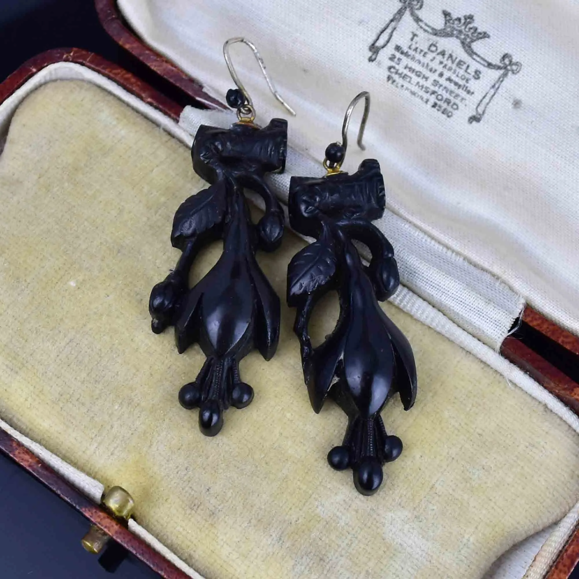 Antique Victorian Whitby Jet Snowdrop Dangle Earrings