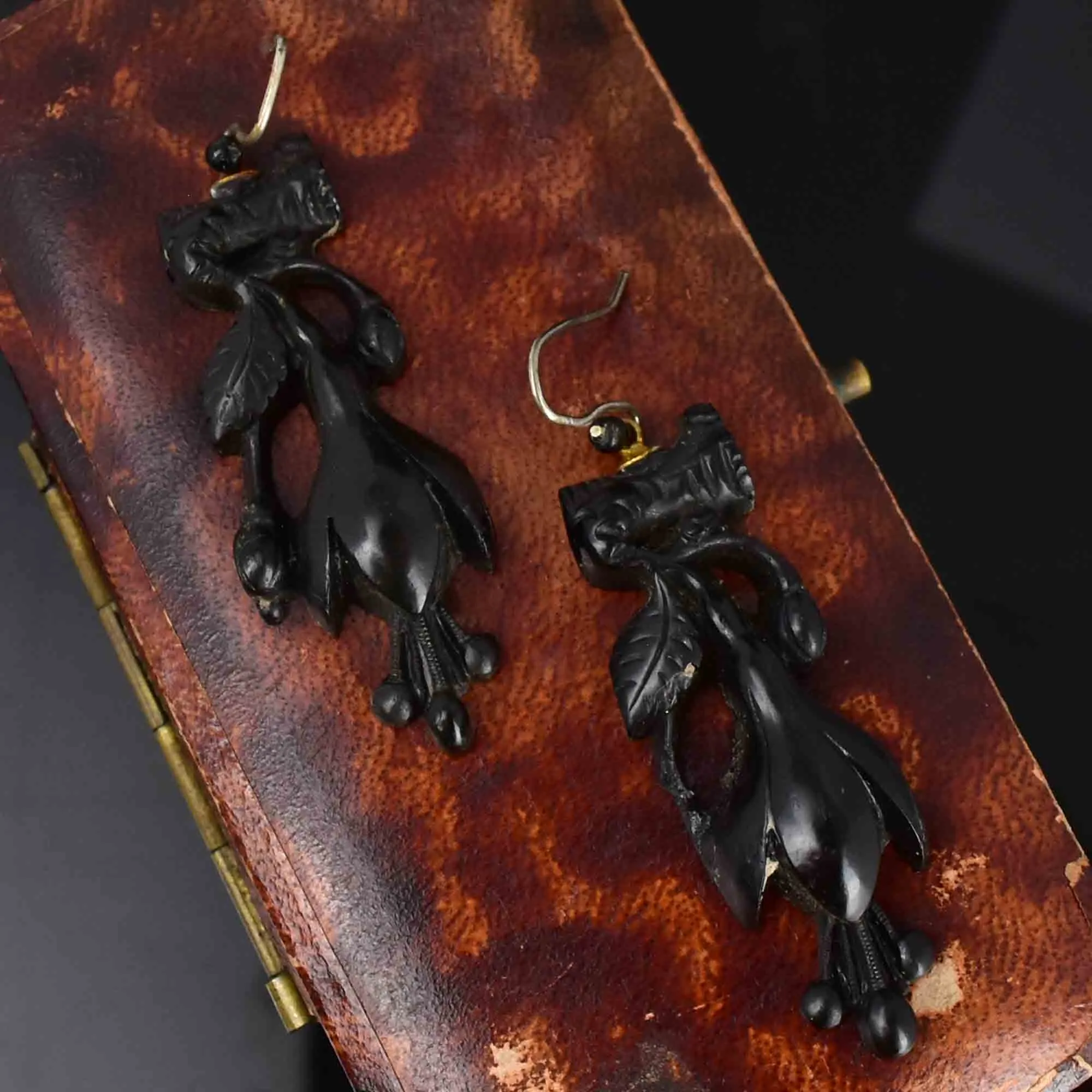 Antique Victorian Whitby Jet Snowdrop Dangle Earrings