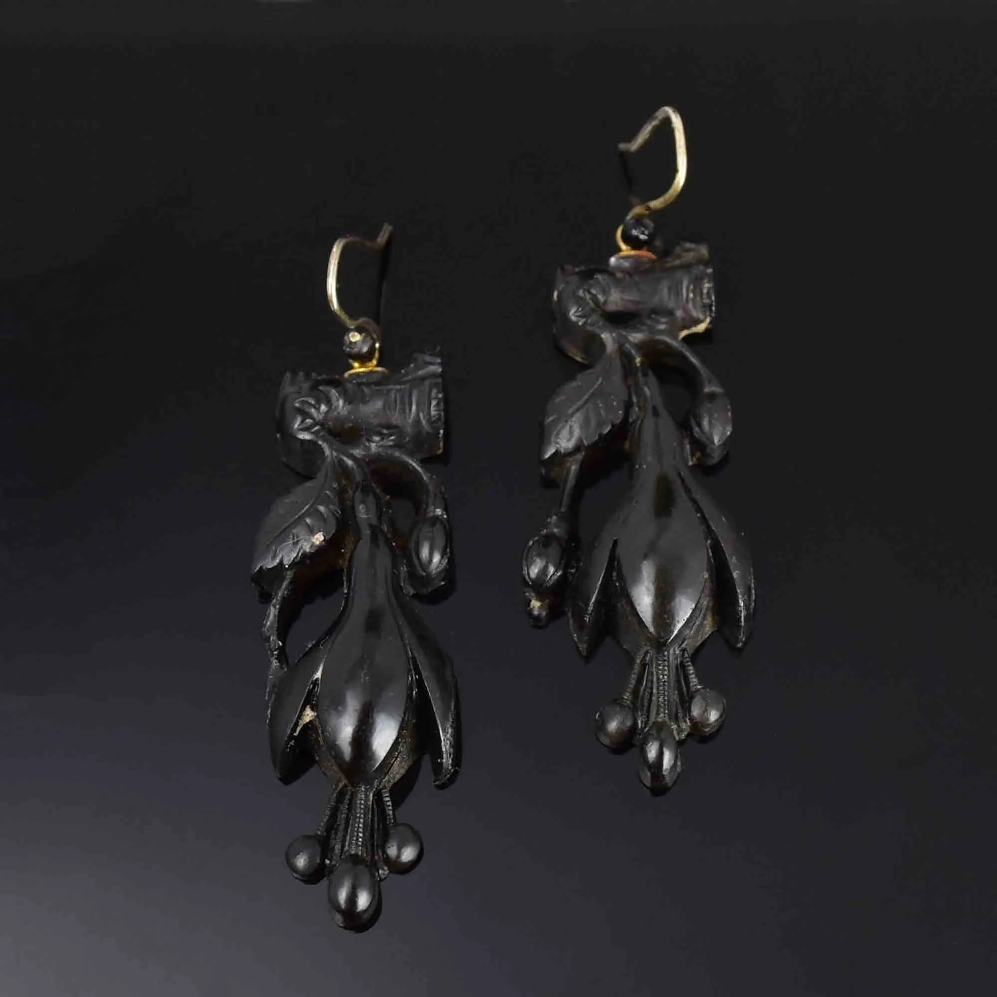 Antique Victorian Whitby Jet Snowdrop Dangle Earrings