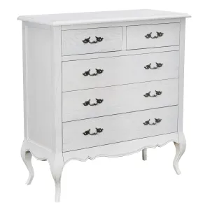 Antique White Solid Oak 5-Drawer Tallboy with Metal Handles