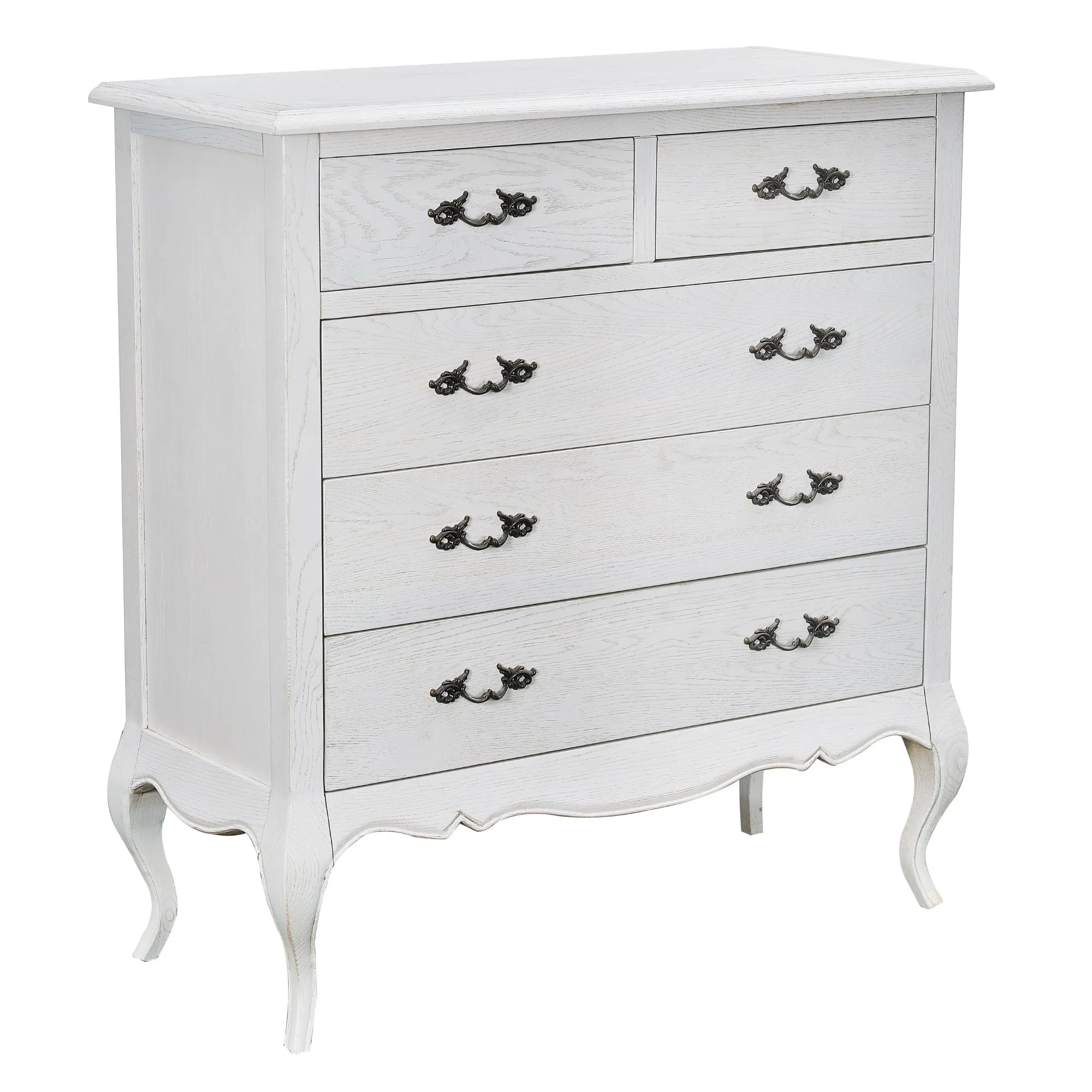 Antique White Solid Oak 5-Drawer Tallboy with Metal Handles