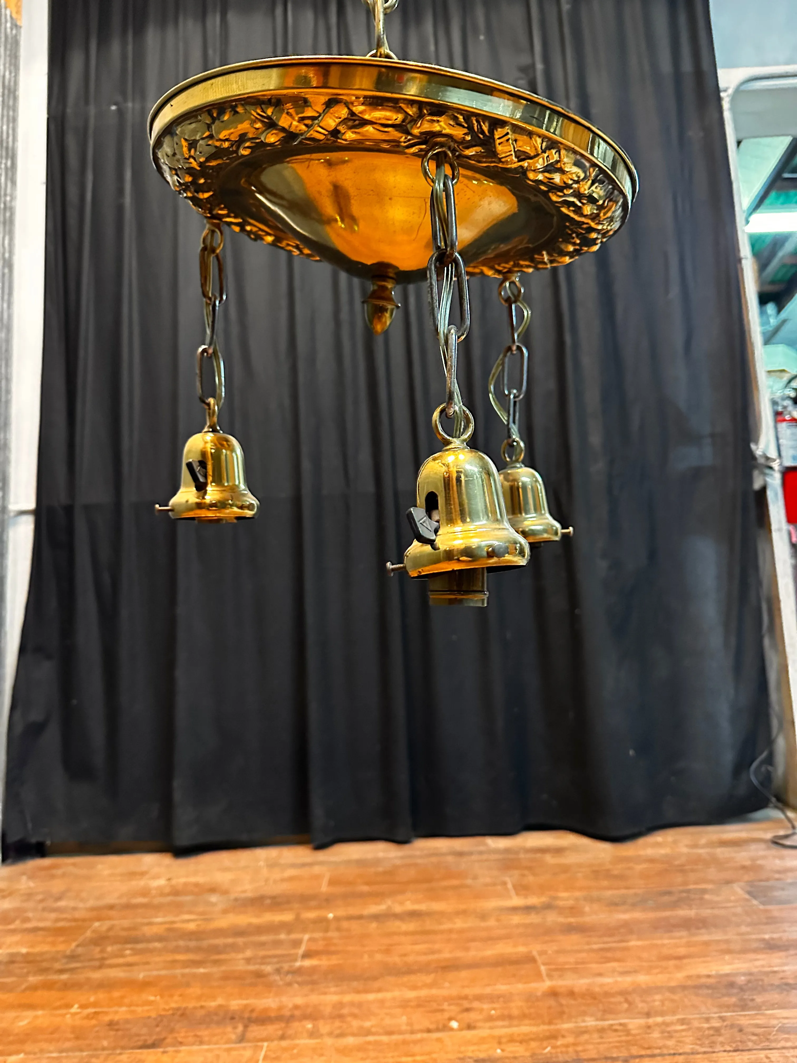 ART DECO BRASS TRIPLE-LIGHT HANGING PAN-STYLE FIXTURE GA10033