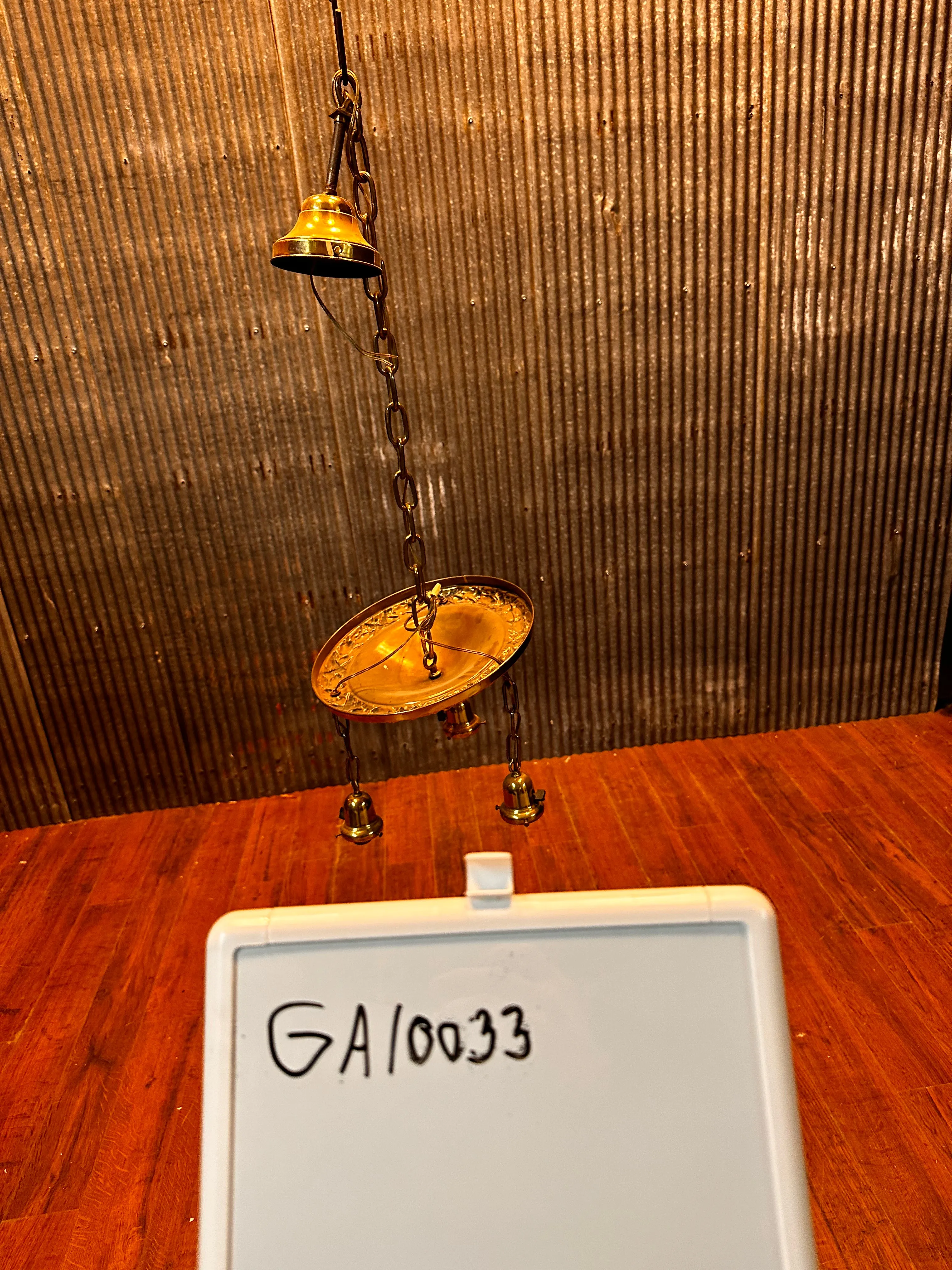 ART DECO BRASS TRIPLE-LIGHT HANGING PAN-STYLE FIXTURE GA10033
