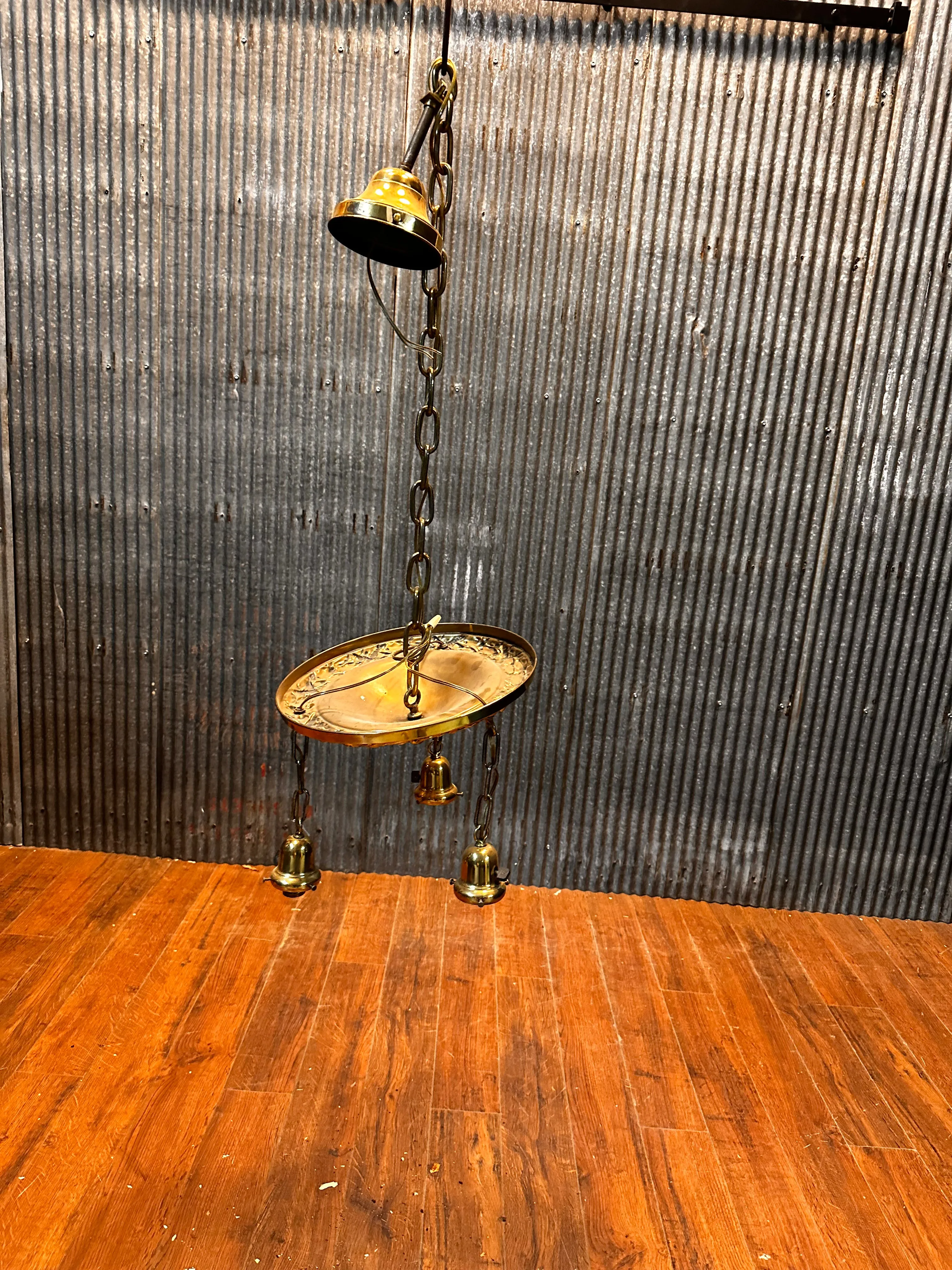 ART DECO BRASS TRIPLE-LIGHT HANGING PAN-STYLE FIXTURE GA10033