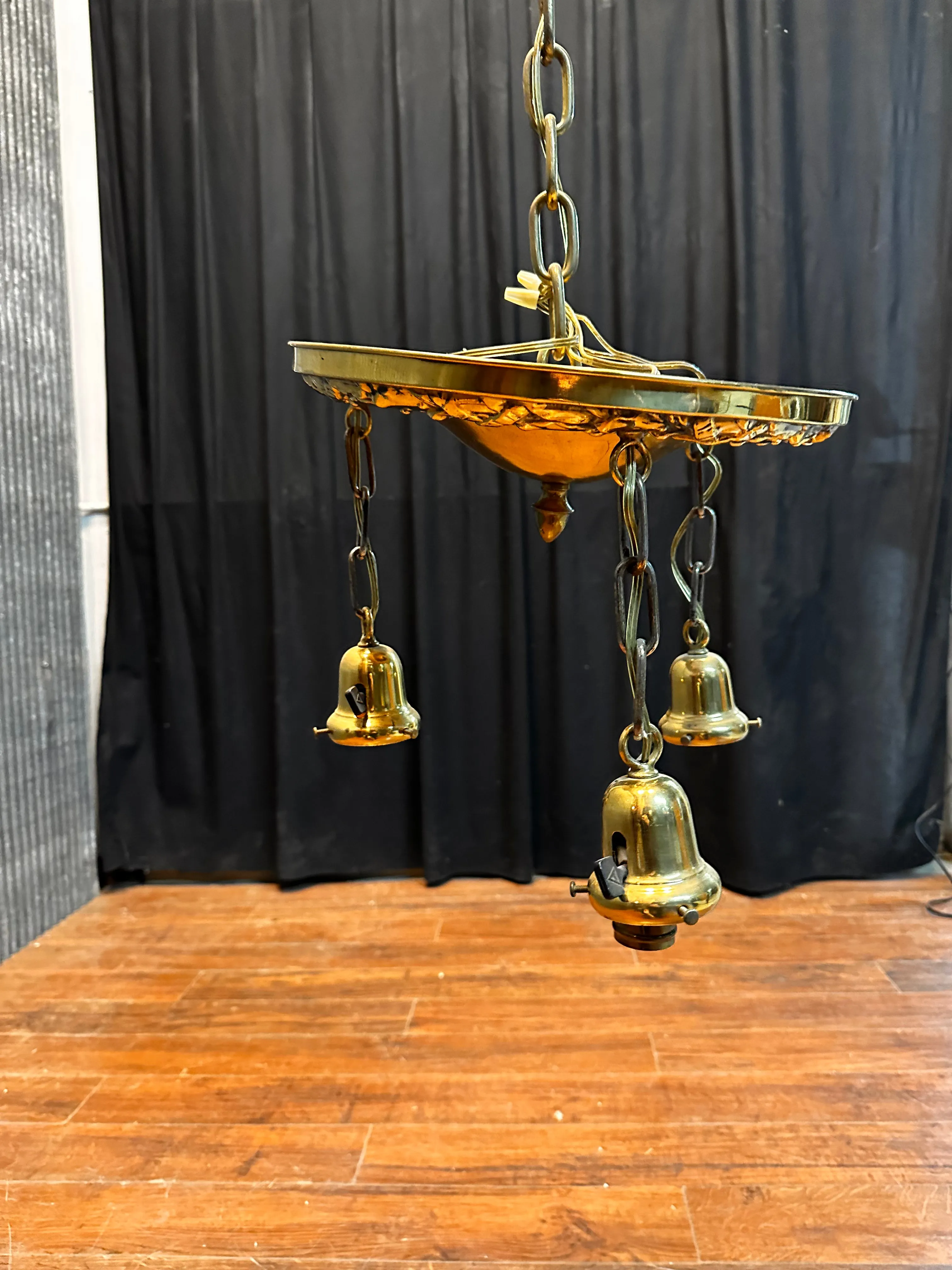 ART DECO BRASS TRIPLE-LIGHT HANGING PAN-STYLE FIXTURE GA10033