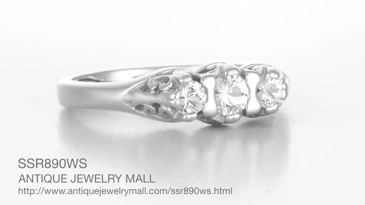 Art Deco Filigree Sterling Silver White Sapphire Three Stone Ring