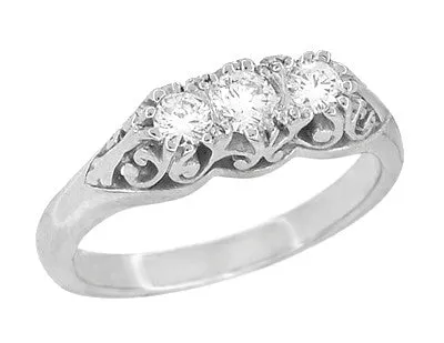 Art Deco Filigree Sterling Silver White Sapphire Three Stone Ring