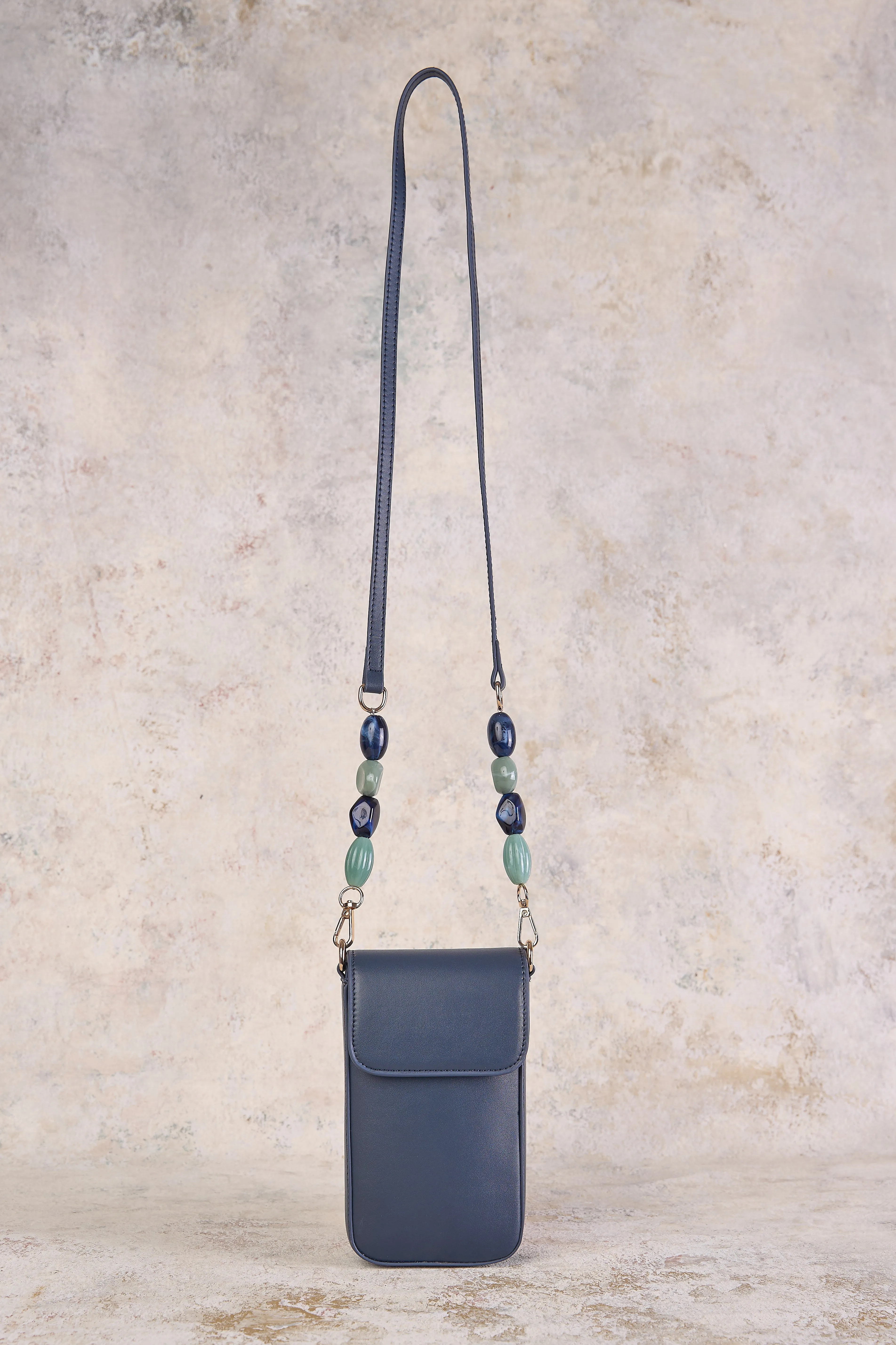 Beaded Leather Phone Bag - Navy