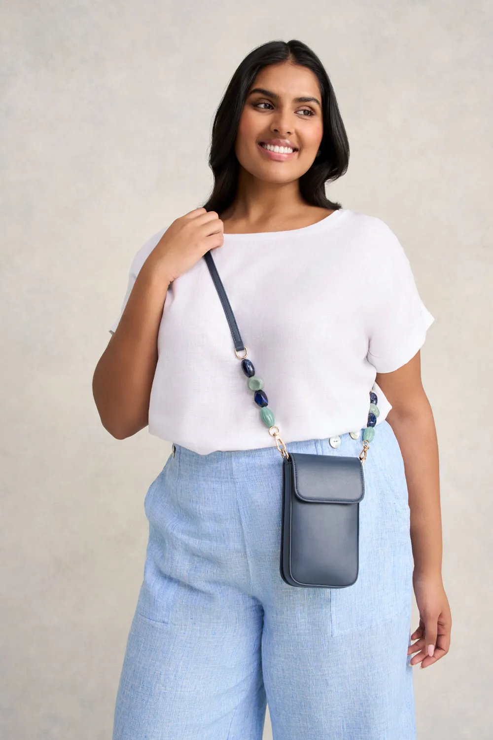 Beaded Leather Phone Bag - Navy