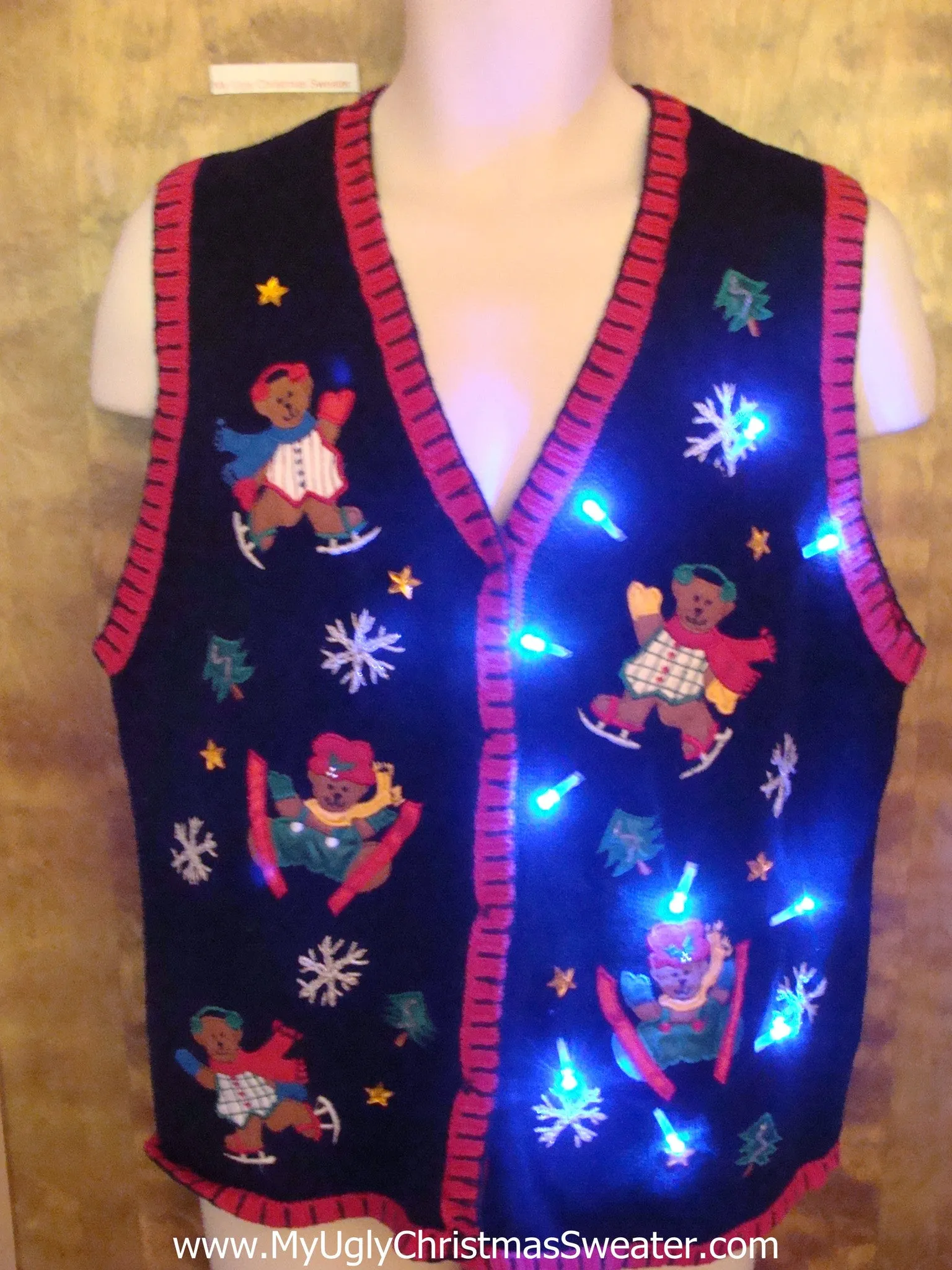 Bears Skating and Skiing Cute Christmas Sweater Vest with Lights
