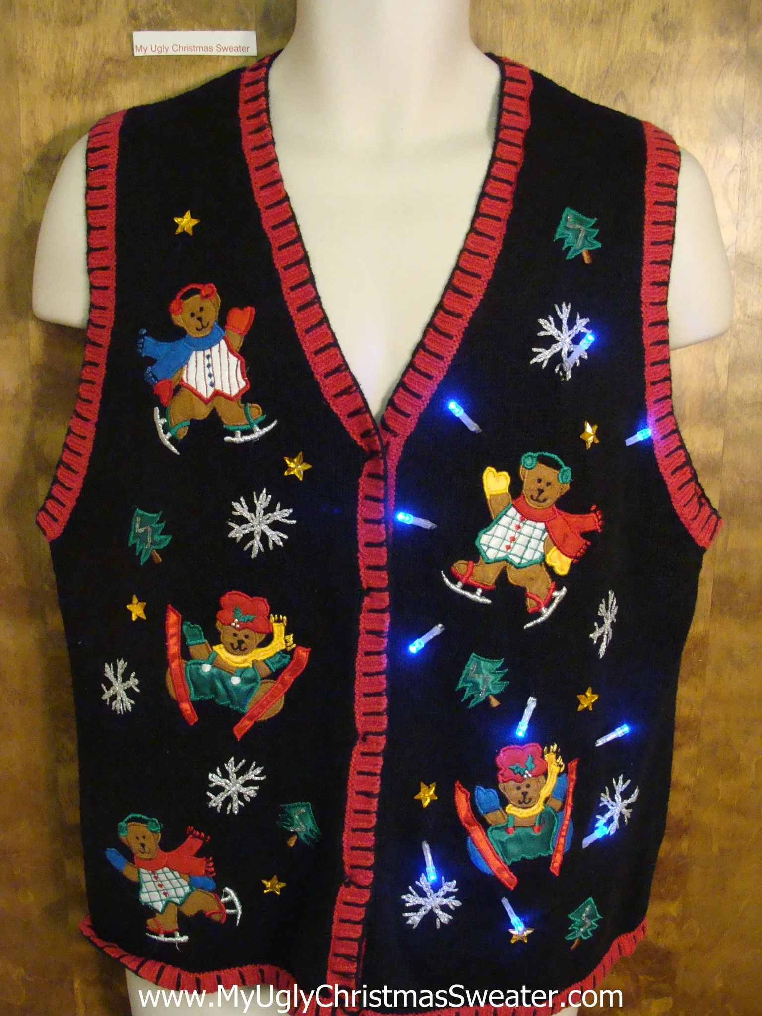 Bears Skating and Skiing Cute Christmas Sweater Vest with Lights