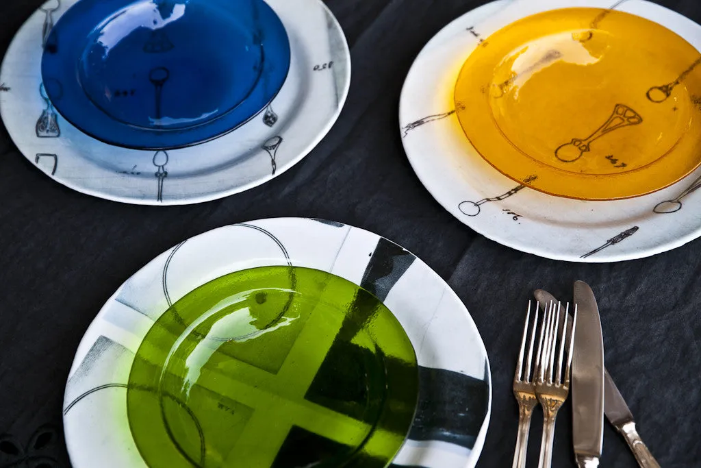 BIANCO NERO - High end Glass dinner ware set with printed spoons