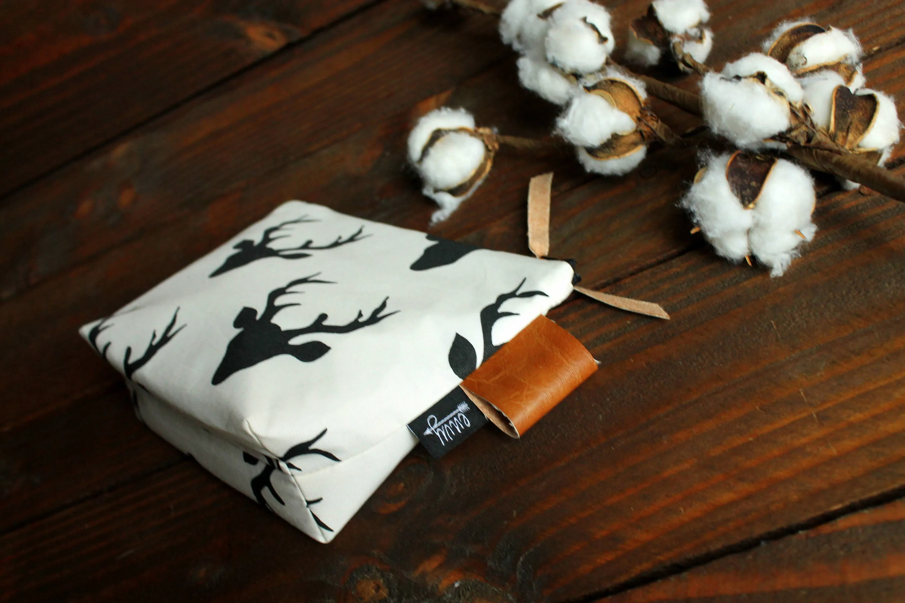 Black Buck with Vegan Leather - Cosmetic Bag - Make Up Bag - Bridesmaid Gift