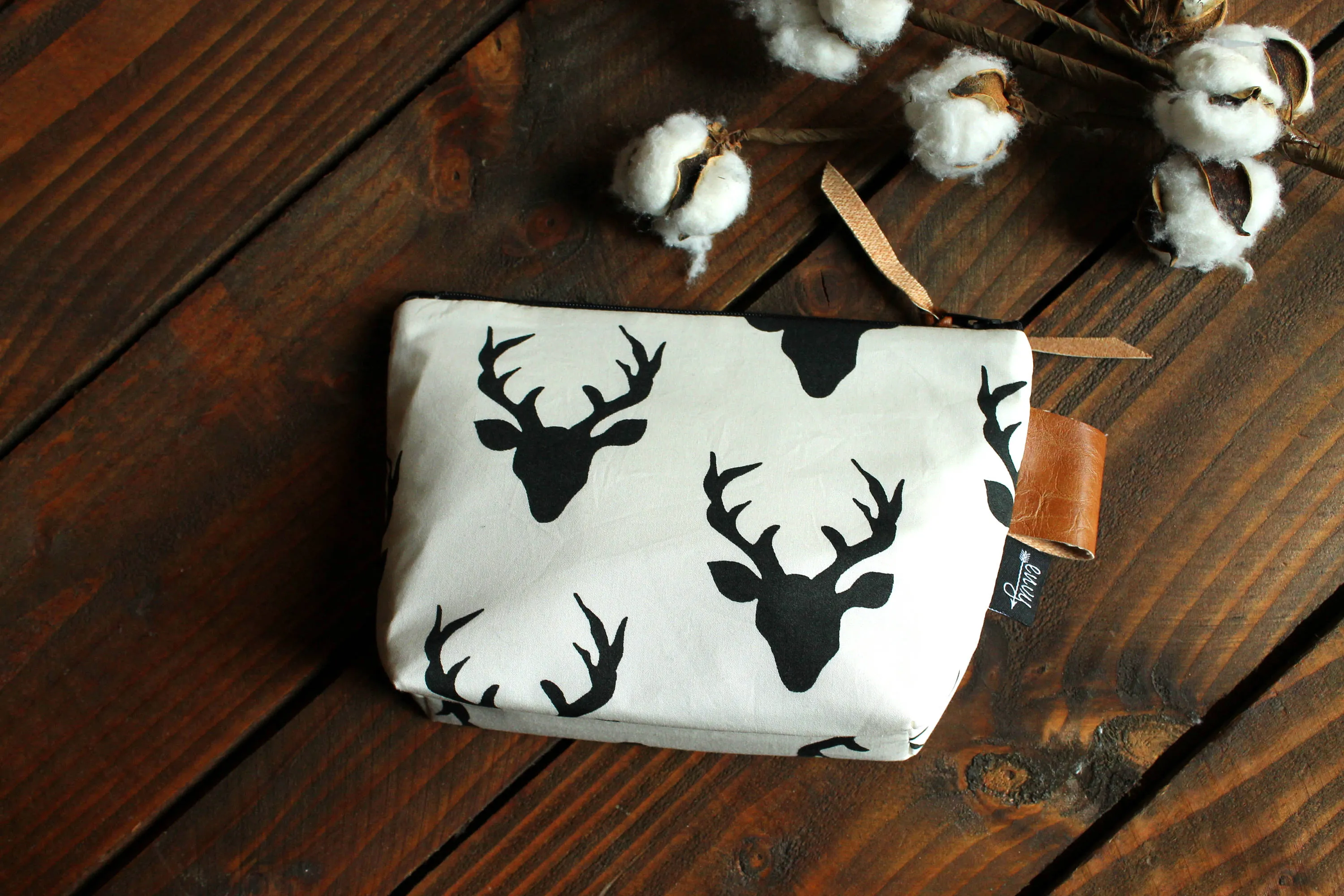 Black Buck with Vegan Leather - Cosmetic Bag - Make Up Bag - Bridesmaid Gift