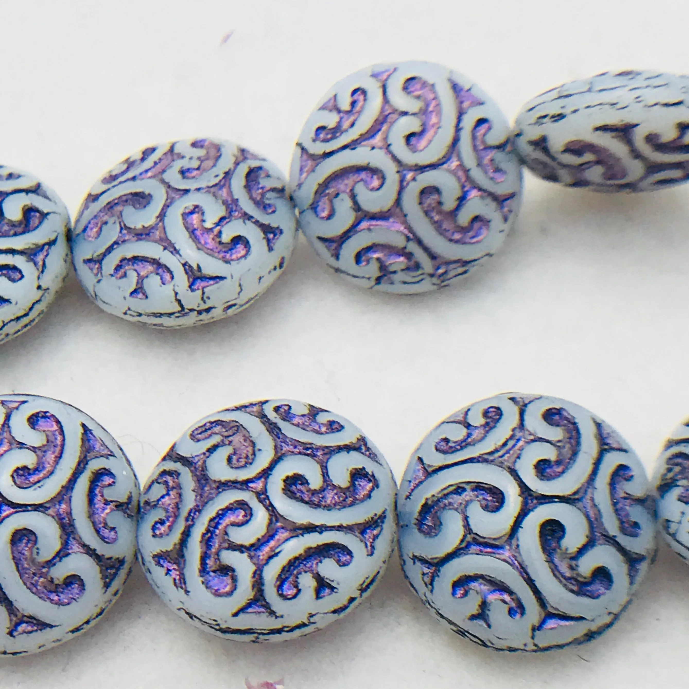 Button Coin Czech Beads, White Luster Purple 13mm