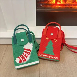 Christmas Print Knit Mobile Phone Crossbody Bag