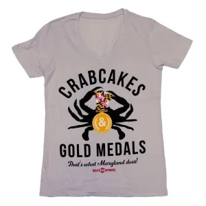 Classic Crabcakes & Gold Medals (Ash White) / Ladies V-Neck Shirt