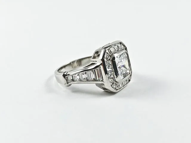 Classic Elegant Double Square Shape Baguette Setting Silver Ring