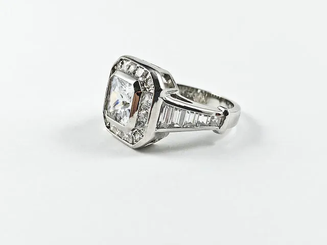 Classic Elegant Double Square Shape Baguette Setting Silver Ring