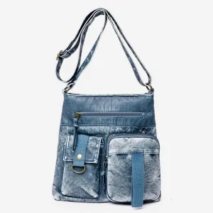 Crossbody Bag For Women Washed Casual Denim Leather Shoulder Bucket Bag