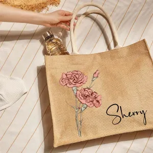 Custom Birth Floral Print Tote Large Shopping Travel Beach Burlap Handbag