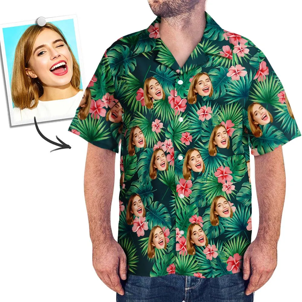 Custom Face Hawaiian Style Red Flowers Long Dress And Shirt Family Matching