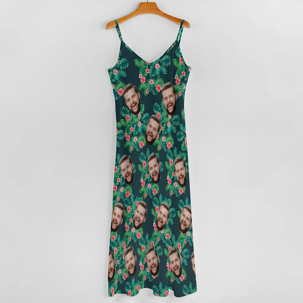 Custom Face Hawaiian Style Red Flowers Long Dress And Shirt Family Matching