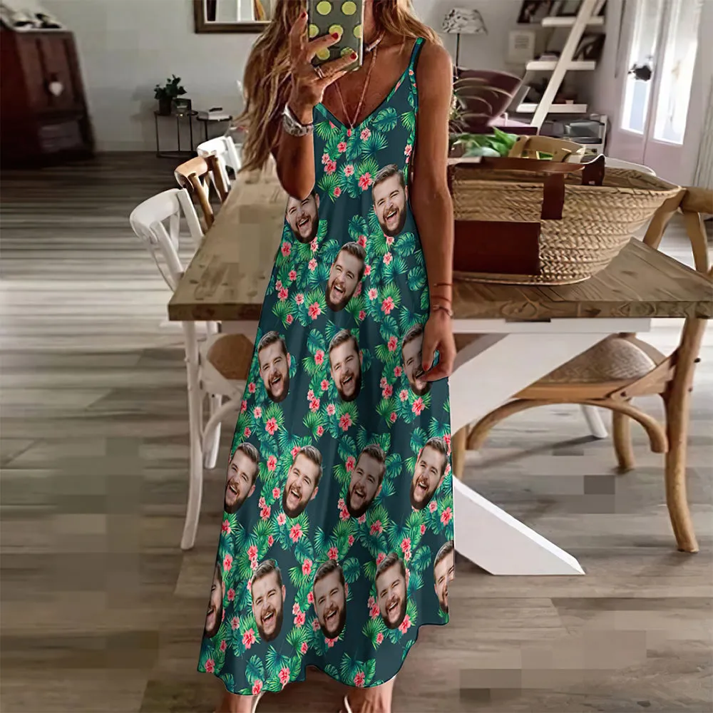 Custom Face Hawaiian Style Red Flowers Long Dress And Shirt Family Matching