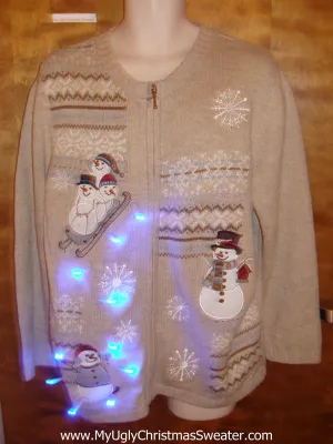 Cute Snowmen Sledding Christmas Sweater with Lights