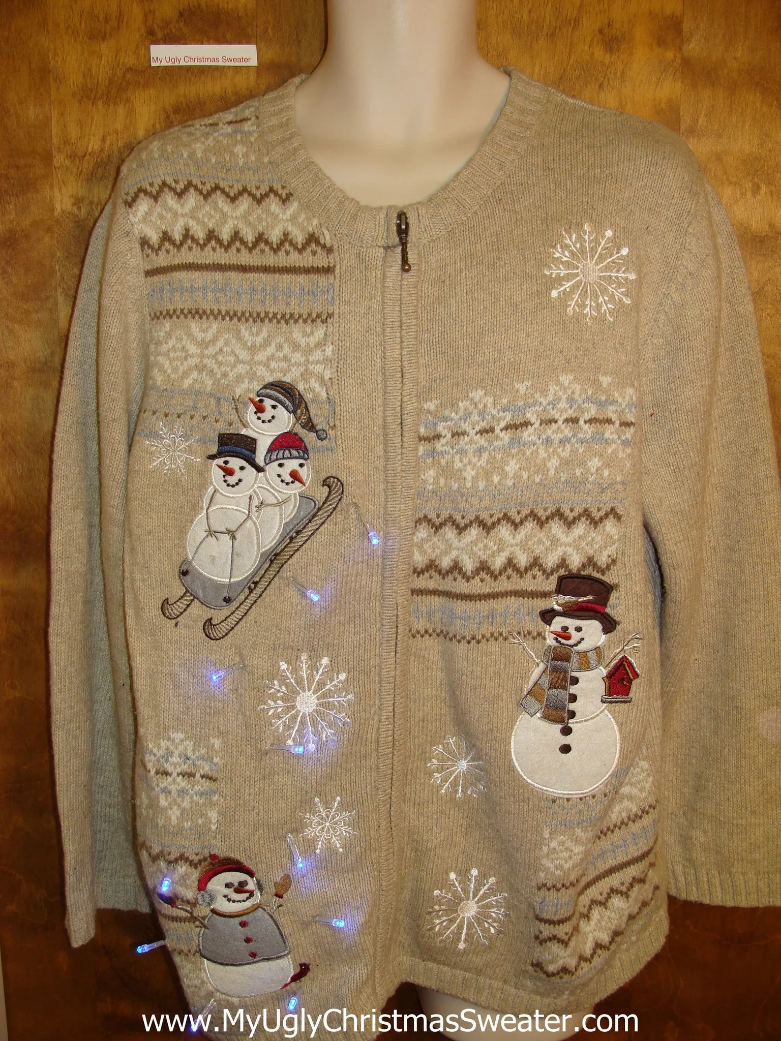 Cute Snowmen Sledding Christmas Sweater with Lights