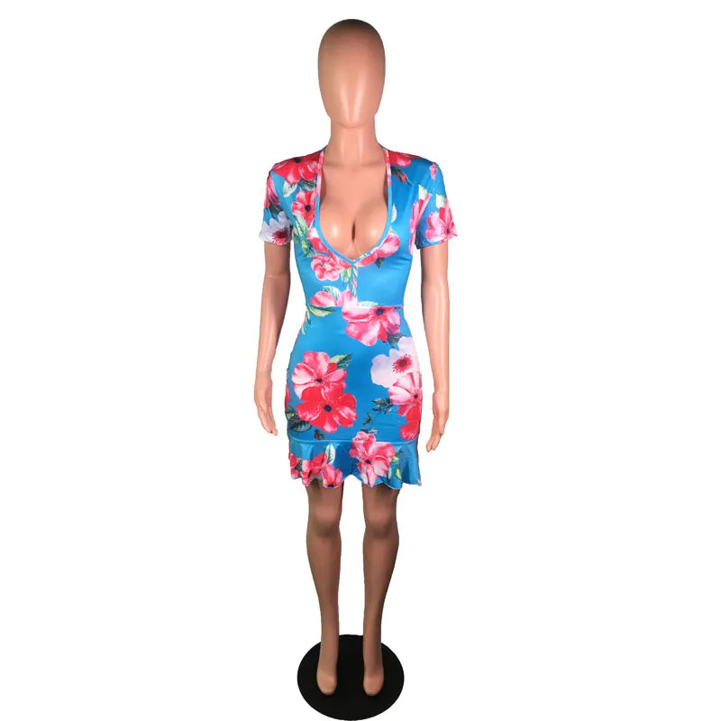 DEANWAQNGKT  Yz1021  Cross Border Women's Clothing  Foreign Trade Fashion Sexy V-neck Backless Tether Printing Dress
