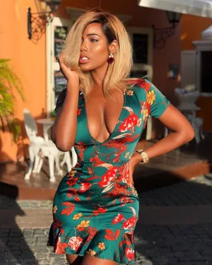 DEANWAQNGKT  Yz1021  Cross Border Women's Clothing  Foreign Trade Fashion Sexy V-neck Backless Tether Printing Dress