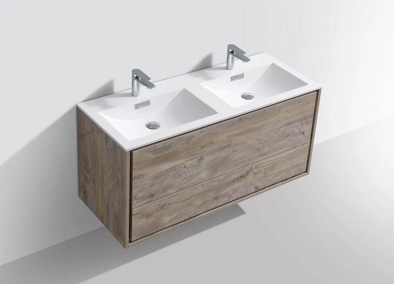 DeLusso 48" Double Sink Nature Wood Wall Mount Modern Bathroom Vanity