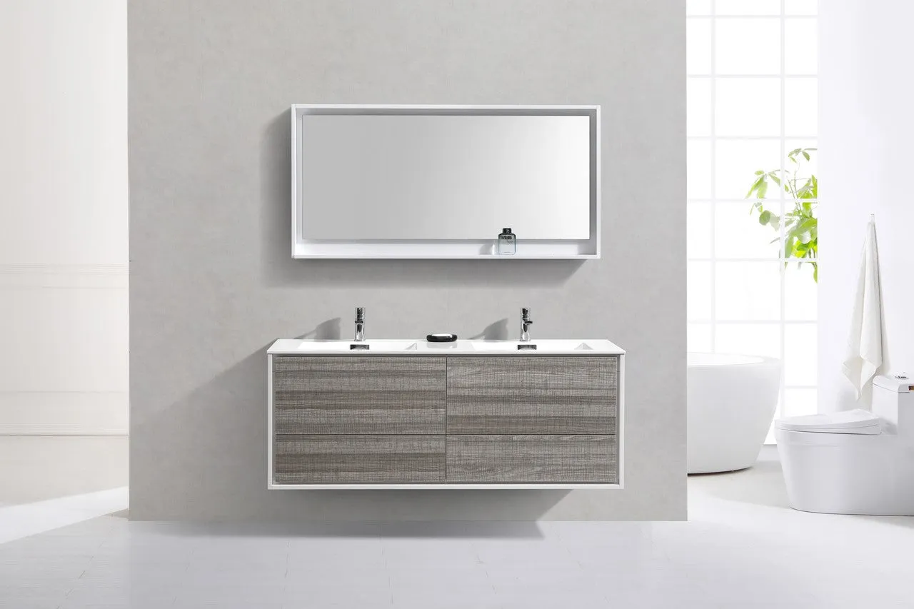 DeLusso 60" Double Sink  Ash Gray Wall Mount Modern Bathroom Vanity