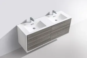 DeLusso 60" Double Sink  Ash Gray Wall Mount Modern Bathroom Vanity