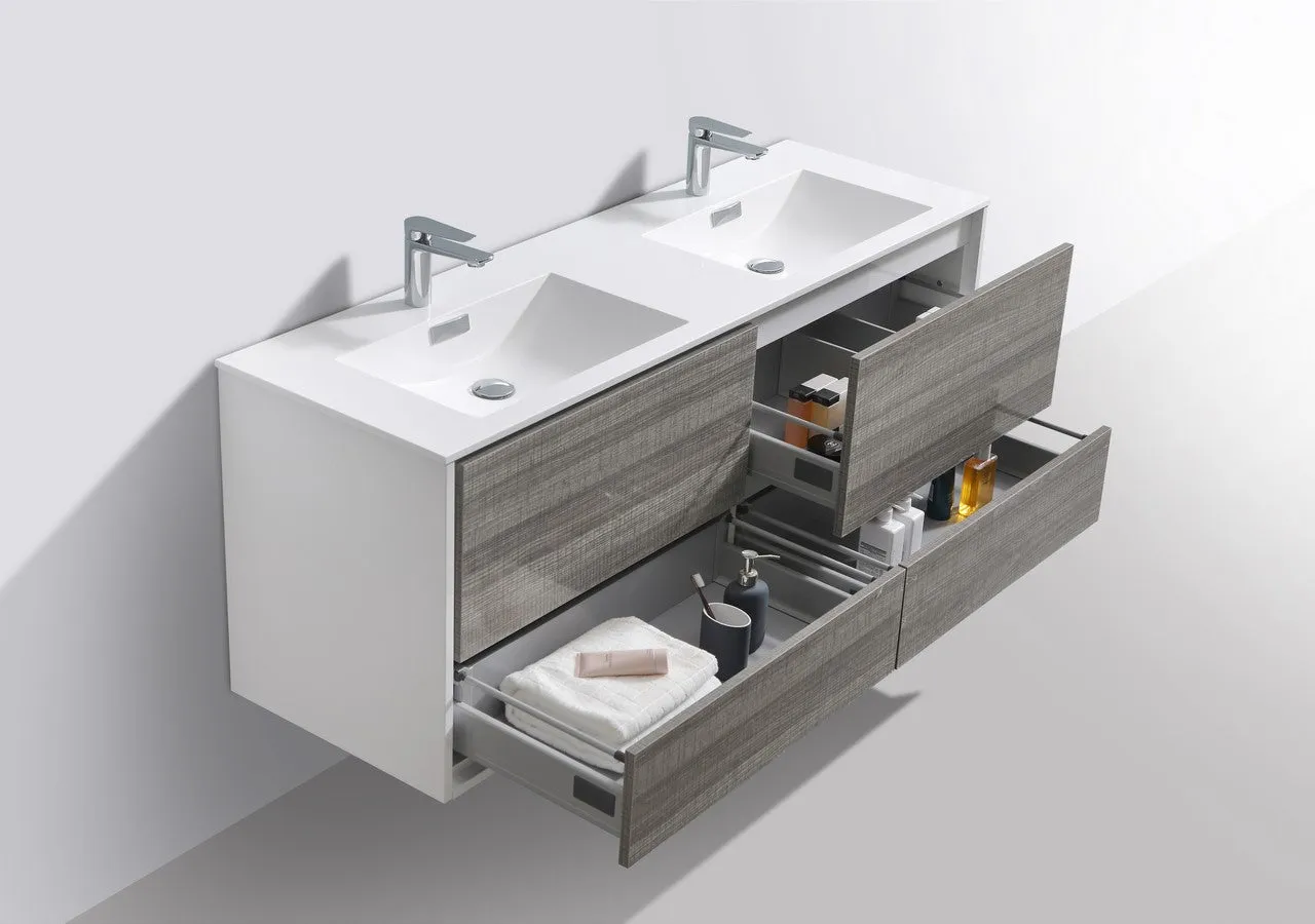 DeLusso 60" Double Sink  Ash Gray Wall Mount Modern Bathroom Vanity