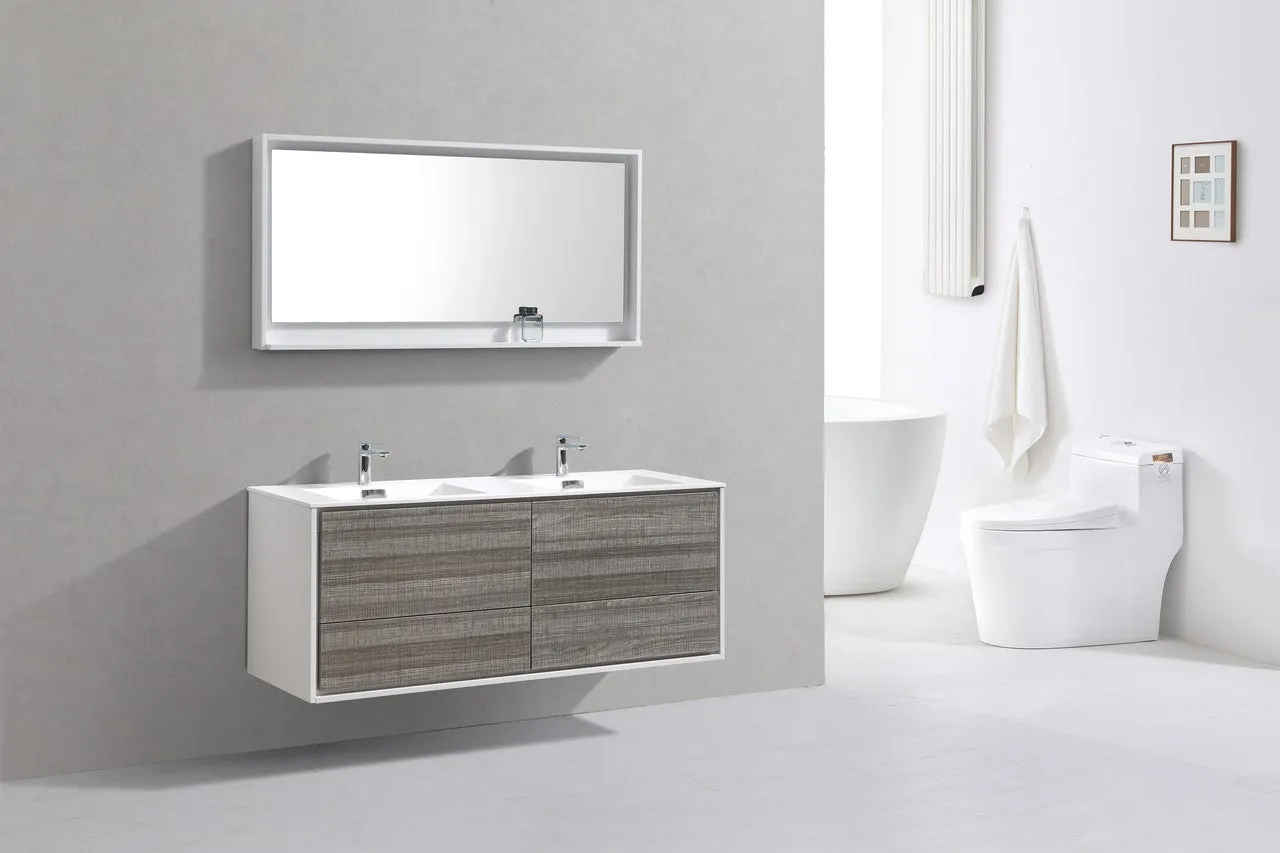 DeLusso 60" Double Sink  Ash Gray Wall Mount Modern Bathroom Vanity