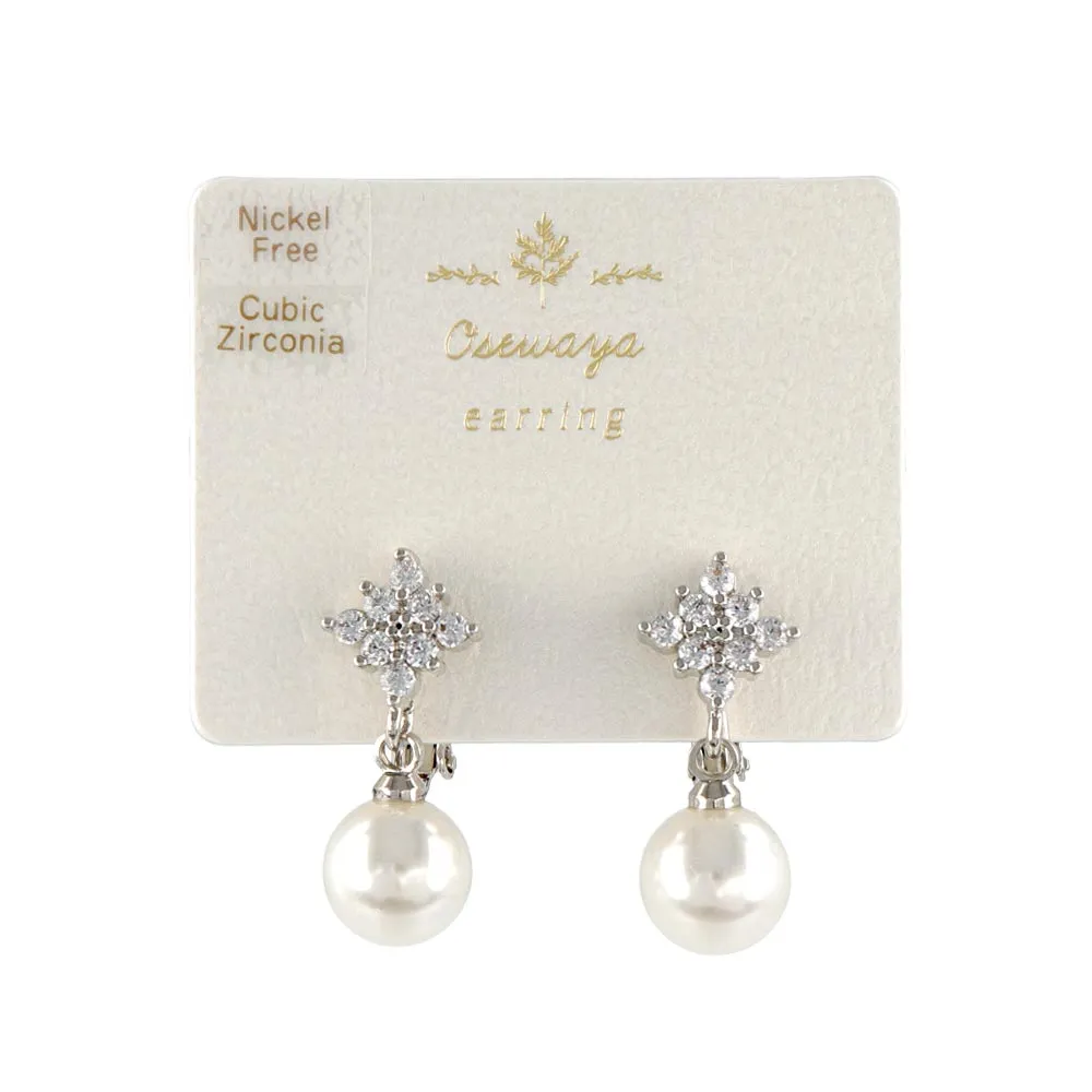 Drop Pearl Cubic Zirconia Clip On Earrings