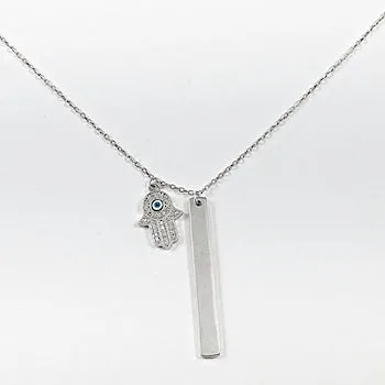 Elegant Delicate Evil Eye Hamsa Hand & Bar Charm Silver Necklace