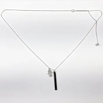 Elegant Delicate Evil Eye Hamsa Hand & Bar Charm Silver Necklace