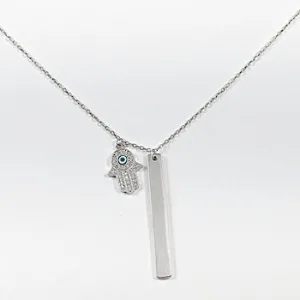 Elegant Delicate Evil Eye Hamsa Hand & Bar Charm Silver Necklace