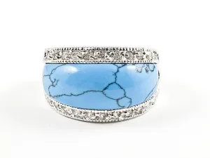 Elegant Simple Center Turquoise Stone With Top & Bottom CZ Brass Ring